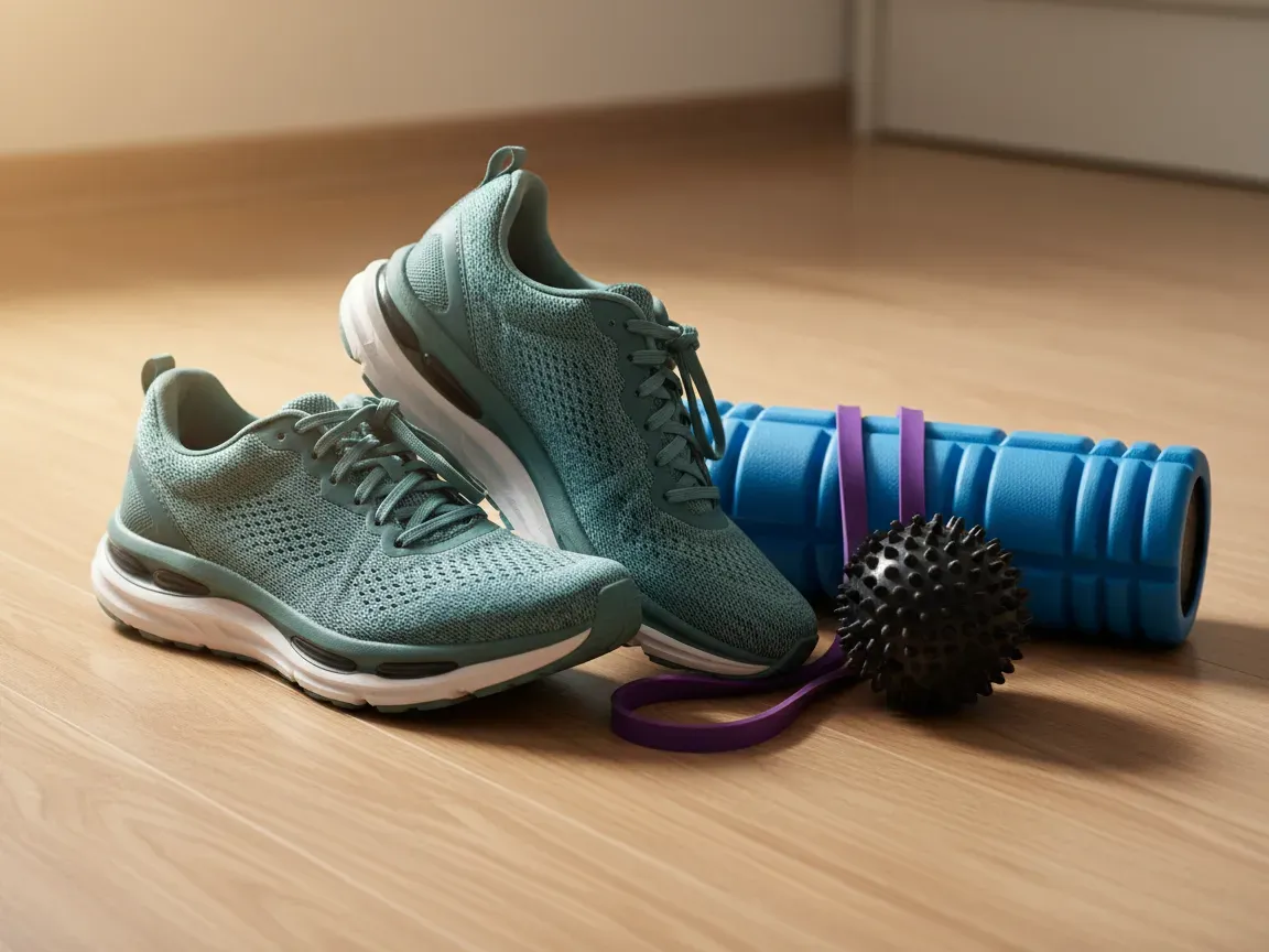 Running shoes, a textured massage ball, a foam roller, and a resistance band on a wooden floor in morning sunlight.