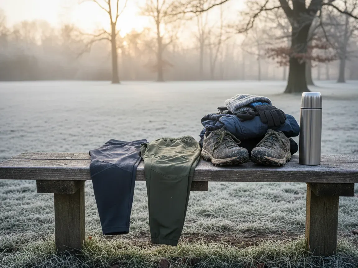 Winter running tights, joggers, trail shoes, and a thermos arranged neatly on a frosty wooden park bench at sunrise.